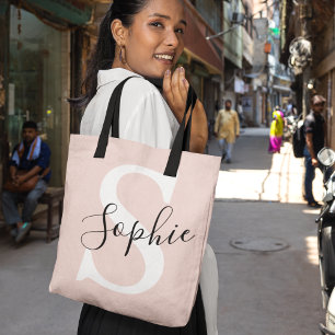 名モダンパーソナライズされた名モノグラムパステルピンク トートバッグ