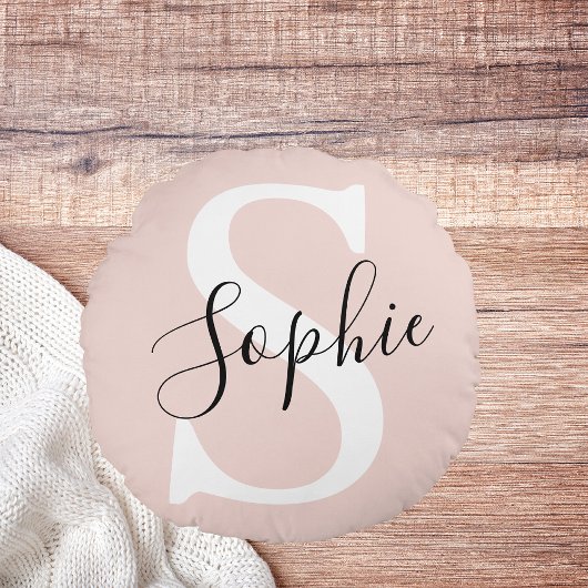 名モダンパーソナライズされた名モノグラムパステルピンク ラウンドクッション