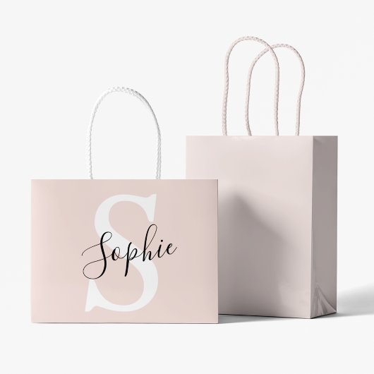 名モダンパーソナライズされた名モノグラムパステルピンク ラージペーパーバッグ