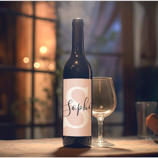 名モダンパーソナライズされた名モノグラムパステルピンク ワインラベル