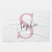 名モダンパーソナライズされた名モノグラムピンク キッチンタオル (横)