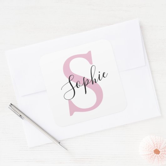 名モダンパーソナライズされた名モノグラムピンク スクエアシール (封筒)