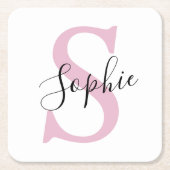 名モダンパーソナライズされた名モノグラムピンク スクエアペーパーコースター (正面)