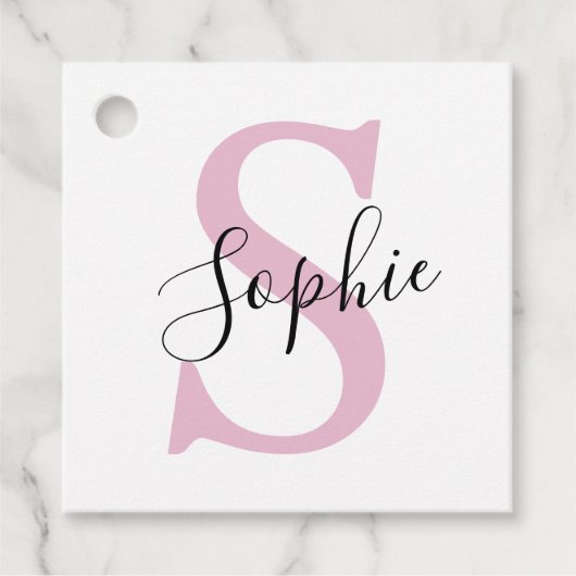 名モダンパーソナライズされた名モノグラムピンク フェイバータグ (正面)