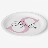 名モダンパーソナライズされた名モノグラムピンク ペーパープレート (アングル)