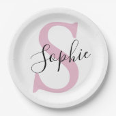 名モダンパーソナライズされた名モノグラムピンク ペーパープレート (正面)