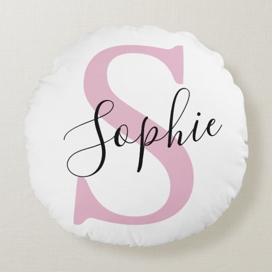 名モダンパーソナライズされた名モノグラムピンク ラウンドクッション (正面)