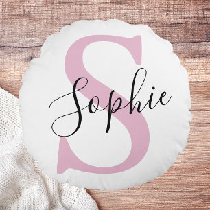 名モダンパーソナライズされた名モノグラムピンク ラウンドクッション