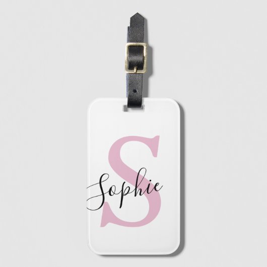 名モダンパーソナライズされた名モノグラムピンク ラゲッジタグ (正面縦)