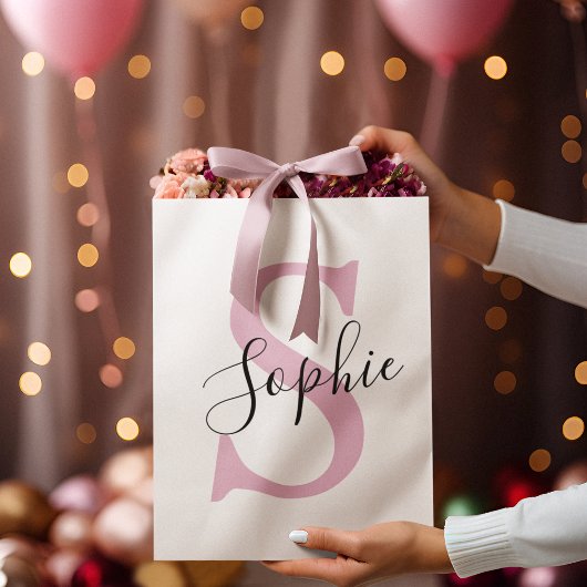 名モダンパーソナライズされた名モノグラムピンク ラージペーパーバッグ