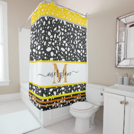 名モダン前とモノグラムの白黒金ゴールド シャワーカーテン