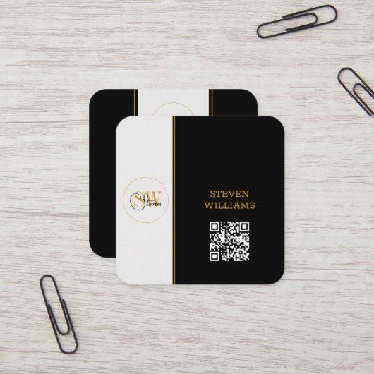 名モノグラムの前と署モダン名/QRコード スクエア名刺 (正面/裏面インサイチュ)