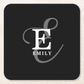 名ユニークスタイリッシュ前とモノグラムタイポグラフィブラック スクエアペーパーコースター (正面)