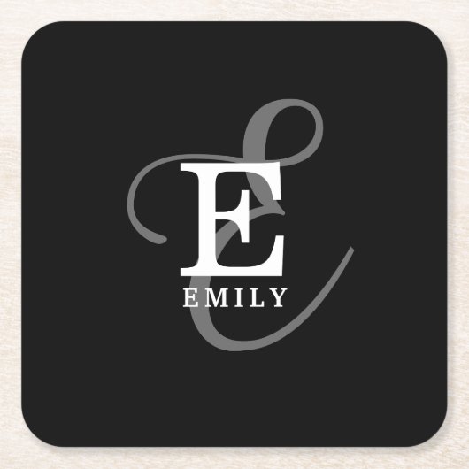 名ユニークスタイリッシュ前とモノグラムタイポグラフィブラック スクエアペーパーコースター (正面)