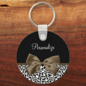 名入り洗練されたヒョウ柄ブラウンボウ キーホルダー (正面)