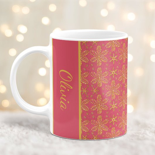 名入れ可能!ブラッシュ&ゴールドの雪の結晶 クリスマスマグ コーヒーマグカップ
