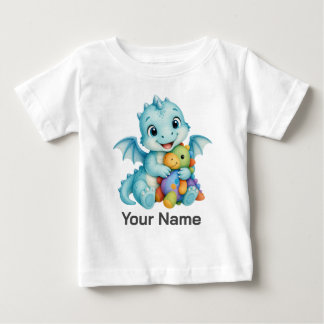 名入れ水彩画ドラゴン恐竜抱っこ ベビーTシャツ