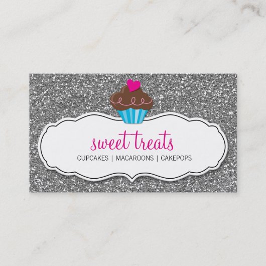 名刺かわいいカップケーキピンクシルバーグリッター 名刺 (正面)