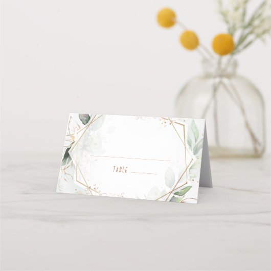 名刺のテー結婚ブル金ゴールドと緑の幾何学的 プレイスカード (正面)