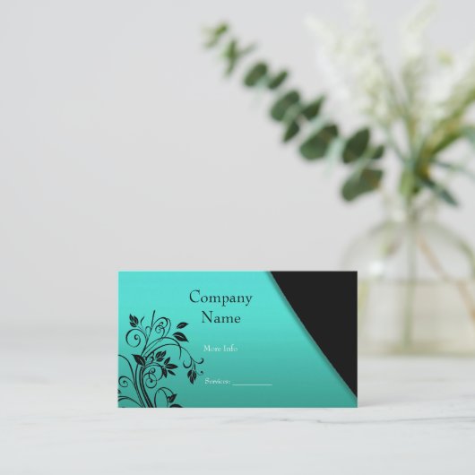 名刺の会社エレガントティール（緑がかった色）ブラックフローラ 名刺 (スタンド正面)
