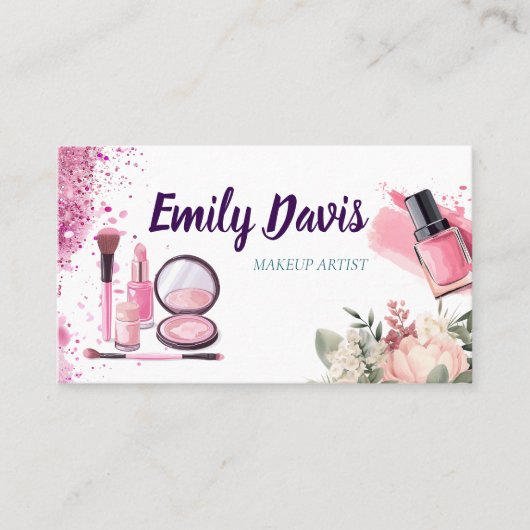 名刺デザインのピンクグリッターと 名刺 (正面)