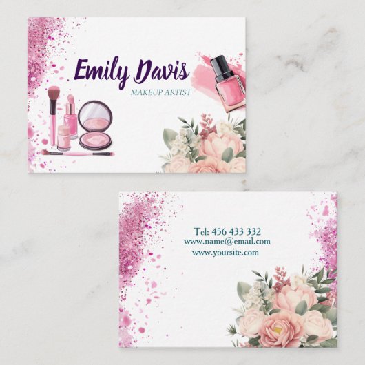 名刺デザインのピンクグリッターと 名刺 (正面/裏面)