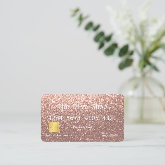 名刺|のグリッターのクレジットカードのばら色の金ゴールド 名刺 (スタンド正面)