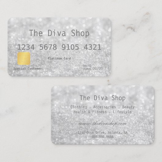名刺|のグリッターのクレジットカードの銀 名刺 (正面/裏面)