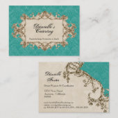 名刺-ティール(緑がかった色)のヴィンテージの孔雀及びエッチング 名刺 (正面/裏面)