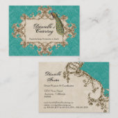 名刺-ティール（緑がかった色）のヴィンテージの孔雀及びエッチング 名刺 (正面/裏面)