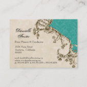 名刺-ティール（緑がかった色）のヴィンテージの孔雀及びエッチング 名刺 (裏面)