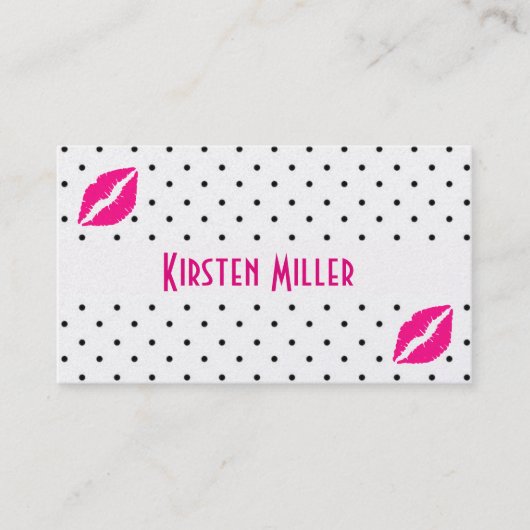 名刺/ブラック水玉模様（ホットピンクの唇あり） 予約カード (正面)