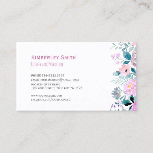 名刺，明るいピンクの水色の花 名刺 (正面)