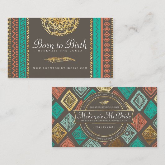 名刺| Bohoの金ゴールドの羽種族のDoula 名刺 (正面/裏面)