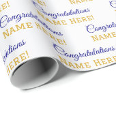 名前おめでとう青パーソナライズされた金ゴールド、白 ラッピングペーパー (ロールコーナー)