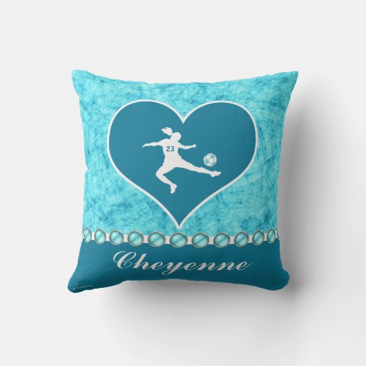 名前および数を用いるターコイズのサッカーの女の子 クッション (裏面)
