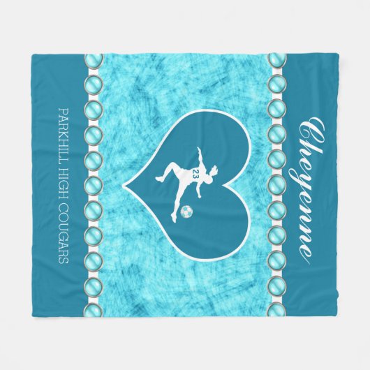 名前および数を用いるターコイズのサッカーの女の子 フリースブランケット (正面(横))