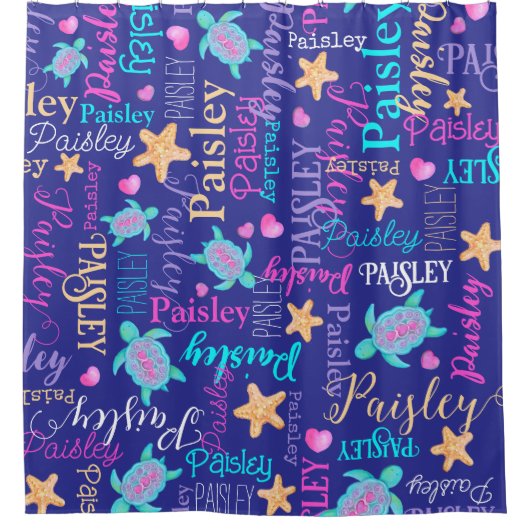 名前かめ星模様ピンク色の青いアクアサンゴ シャワーカーテン (正面)