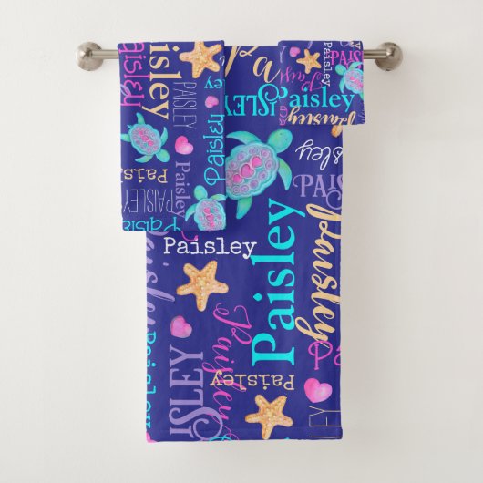 名前かめ星模様ピンク色の青いアクアサンゴ バスタオルセット (インサイチュ)