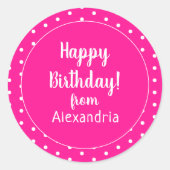 名前からハッピーバースデーホットピンク水玉模様 ラウンドシール (正面)