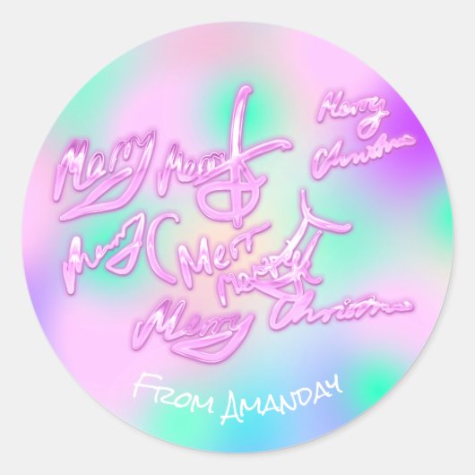 名前からホログラフィックピンクのメリークリスマスガーリー ラウンドシール (正面)