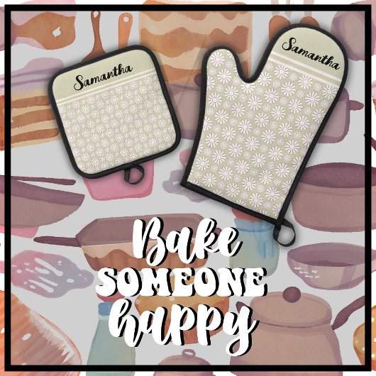 名前かわいいフローラデイジーパターン 鍋つかみ&鍋敷きセット