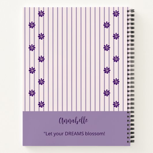 名前かわいらしとモットヴァイオレットストライプと花 ノートブック (裏面)