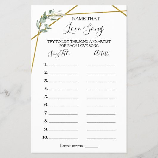 名前がわかるラブソングシャワーのグリーンとゴールドのゲームカード チラシ (正面)