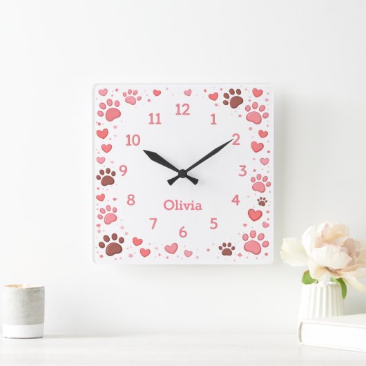 名前がカスタマイズできるペットの足跡の壁掛け時計 スクエア壁時計 (ホーム)