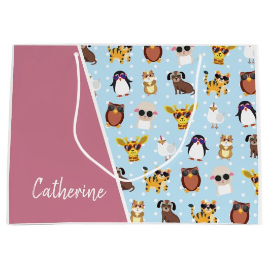 名前がサングラスに登場するかわいい動物たち ラージペーパーバッグ (正面)