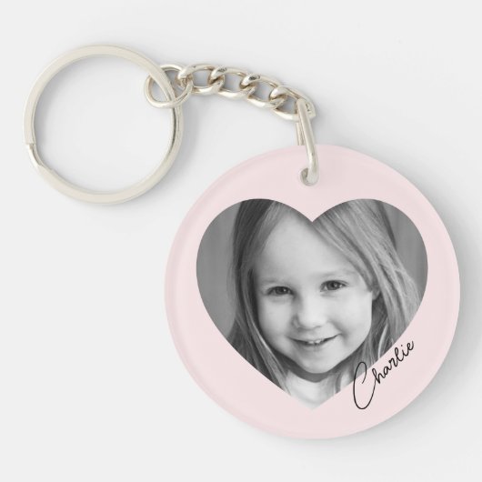 名前がピンクのハート内の家族写真 キーホルダー (正面)