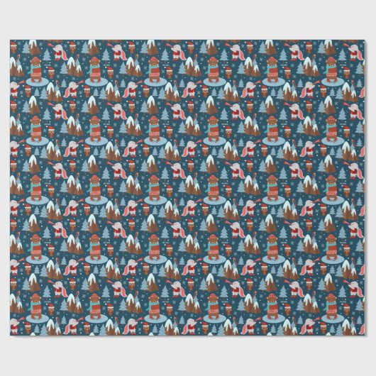 名前がブルークリスマスに飾られたかわいい動物の模様 ラッピングペーパー (フラット)