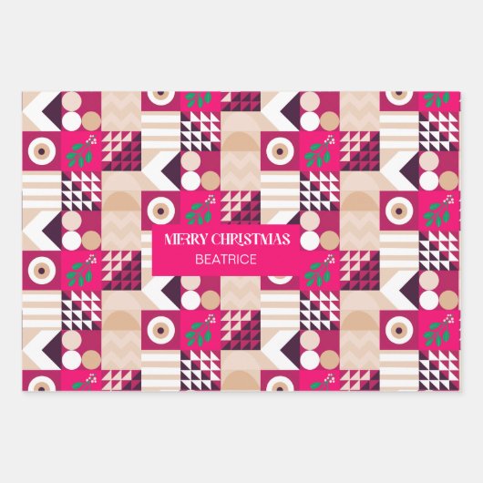 名前が付いたモダンピンクの幾何学的クリスマス ラッピングペーパーシート (正面)
