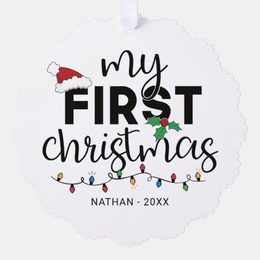 名前が写真の初めてのクリスマス オーナメントカード (正面)